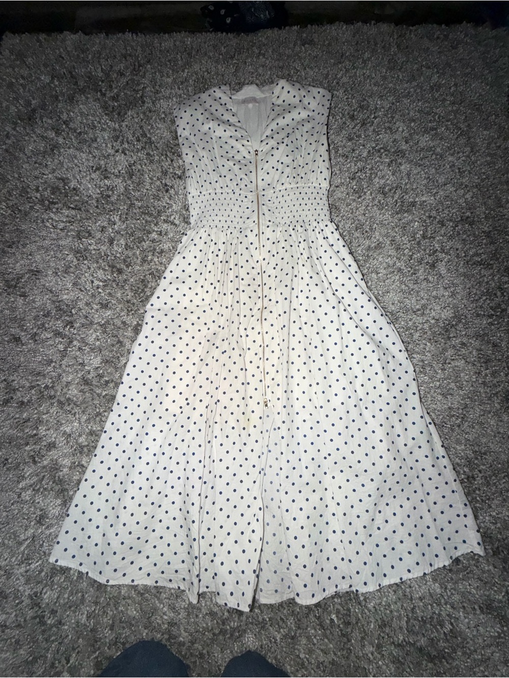 entro White Midi Dress with Navy Polka Dots and Front Zipper